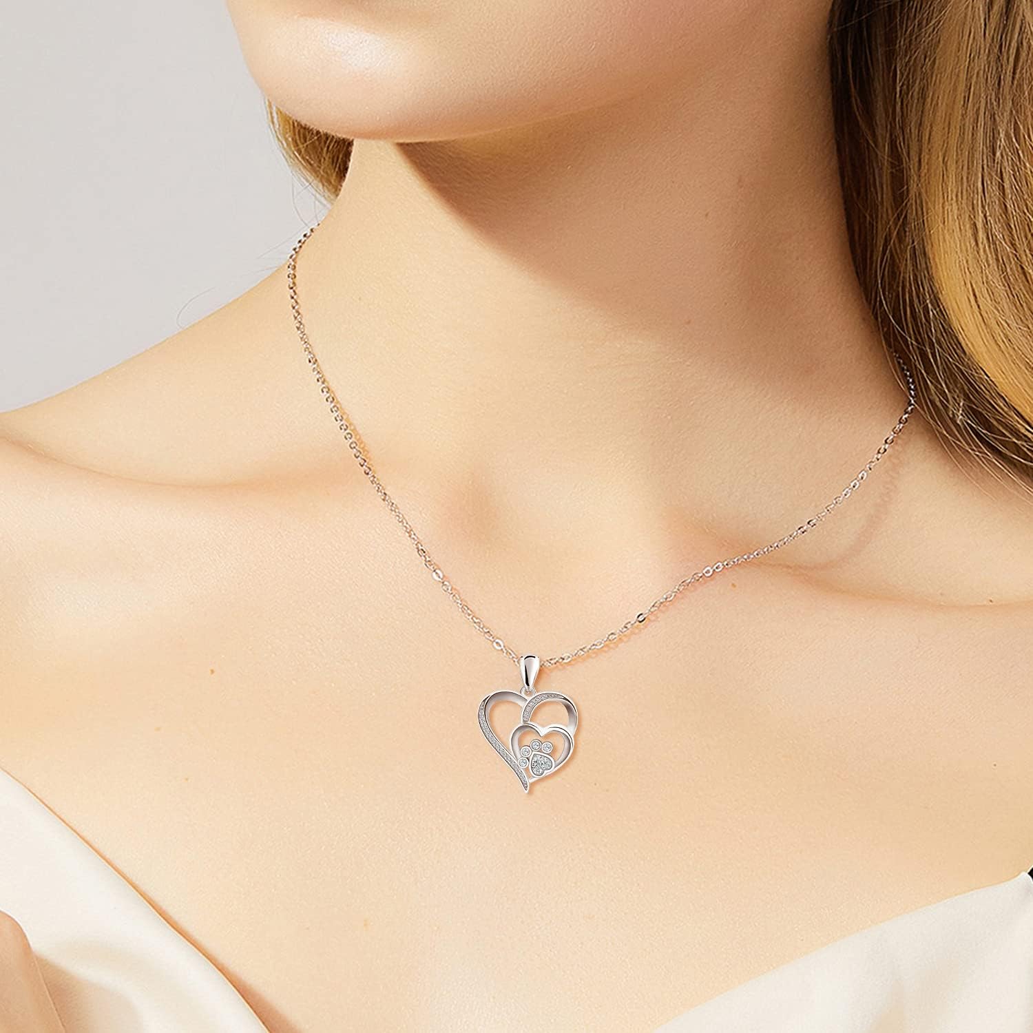 Silver Paw & Heart Necklace with Zirconia