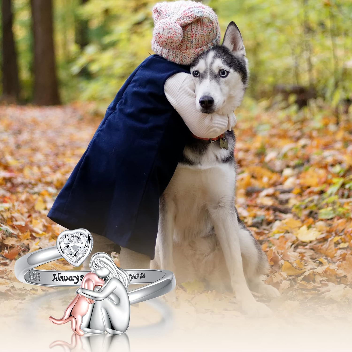 Adjustable Dog Ring in Silver “Always in My Heart” with Zirconia