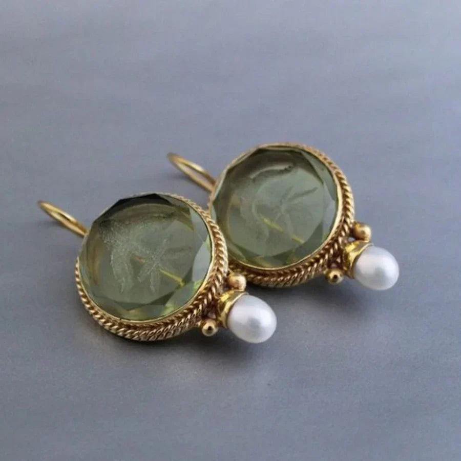 Antique Rounded Green Stone Pearl Earrings