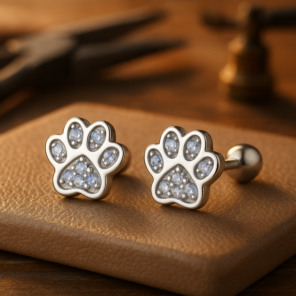Silver Paw Print Stud Earrings Crystal Accent