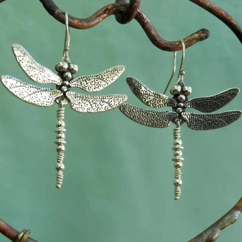 Silver Vintage Dragonfly Carved Pattern Retro Earrings
