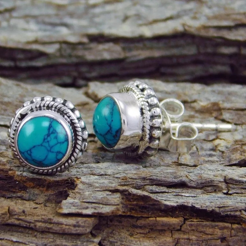 Antique Round Turquoise Stone Stud Earrings