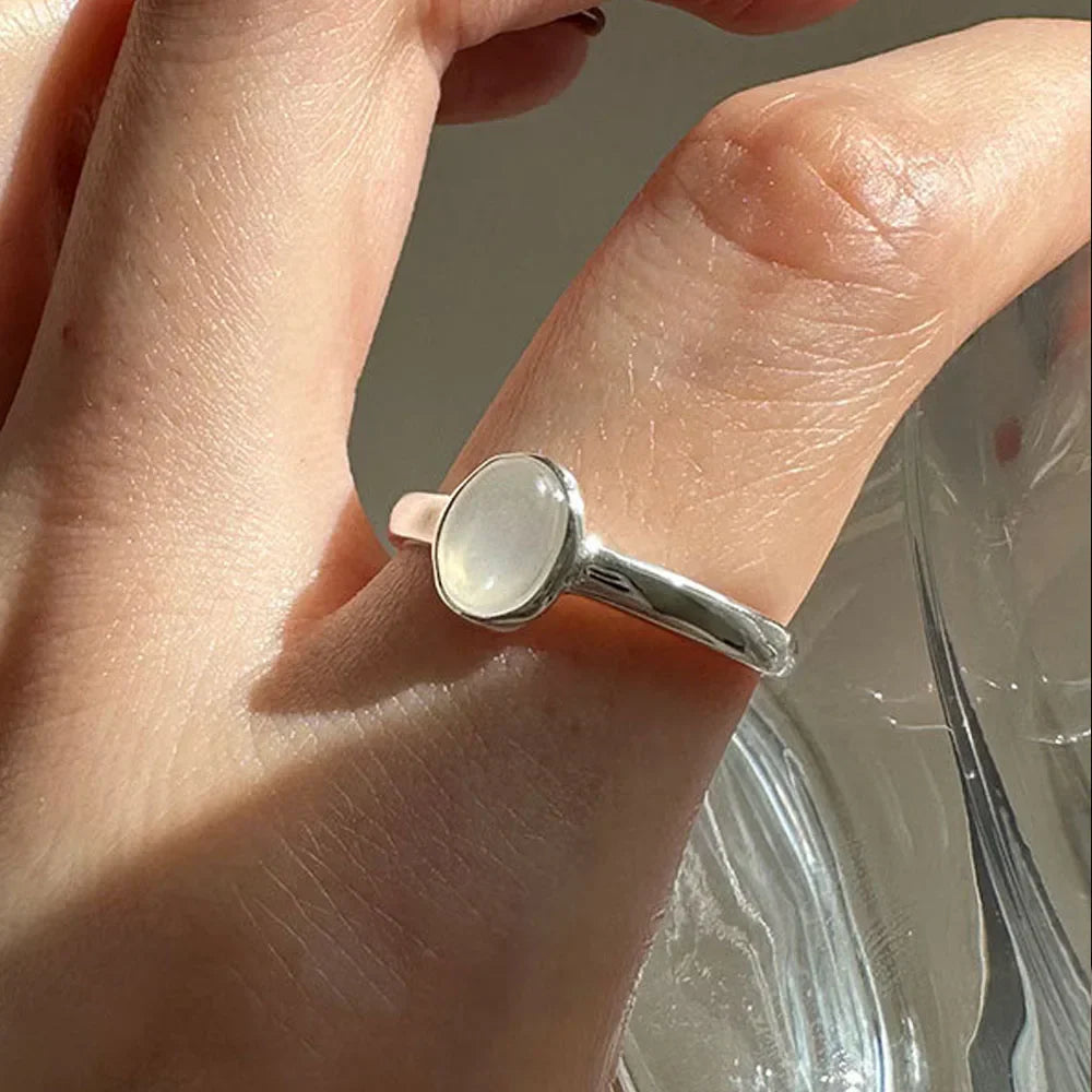 Silver Oval Moonstone Minimal Ring