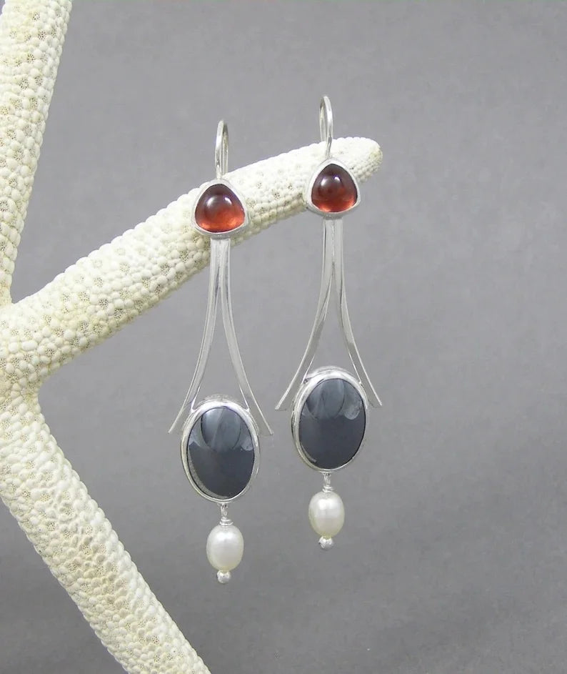 Silver Tri-Stone Pearl Drop Earrings