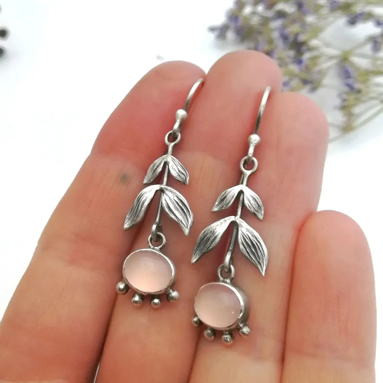 Silver Leafy Rose Quartz Drop Earrings
