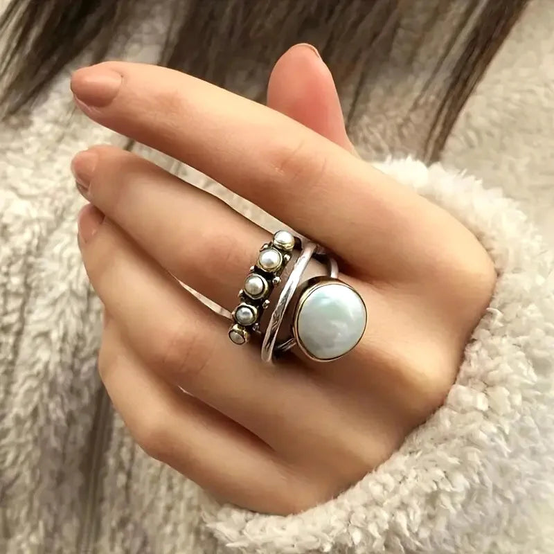 Silver Pearl Stacking Ring Set