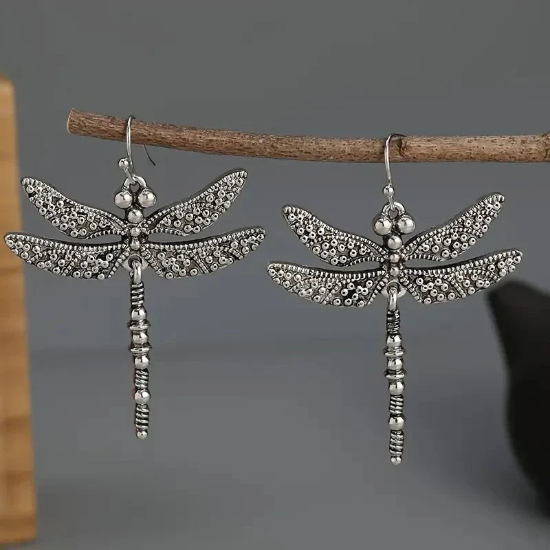 Silver Vintage Dragonfly Carved Pattern Retro Earrings