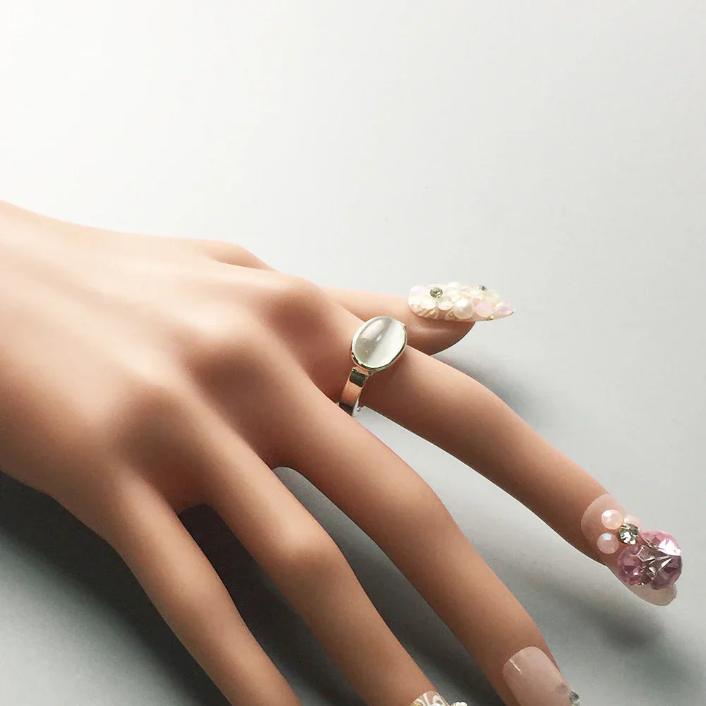 Adjustable Silver White Cabochon Statement Ring