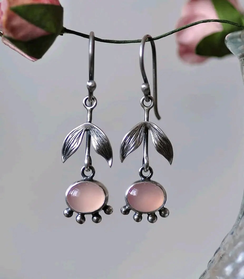 Silver Leafy Rose Quartz Drop Earrings