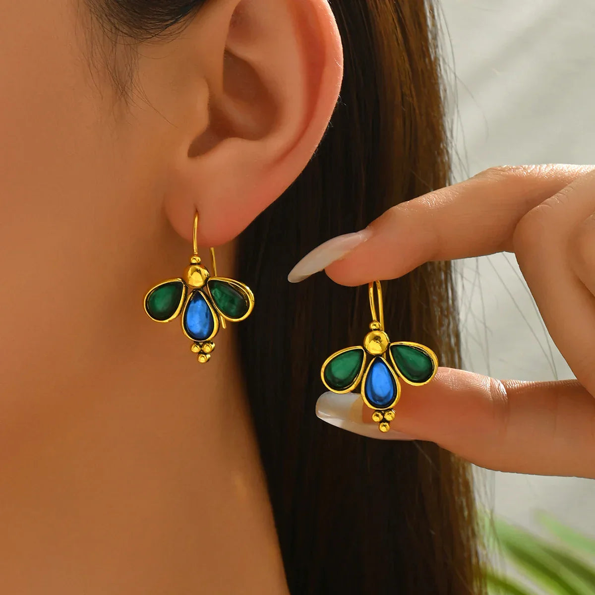 Emerald Wing Blue Teardrop Earrings