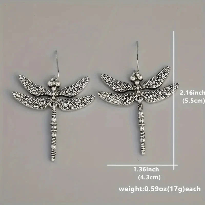 Silver Vintage Dragonfly Carved Pattern Retro Earrings