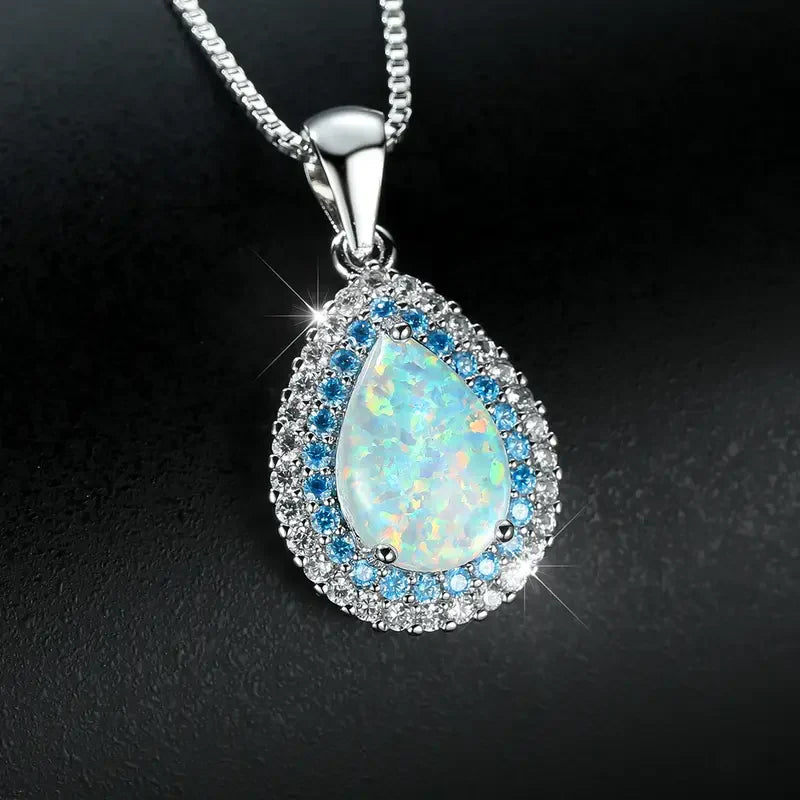 Elegant Blue Opal Drop Sparkling Necklace