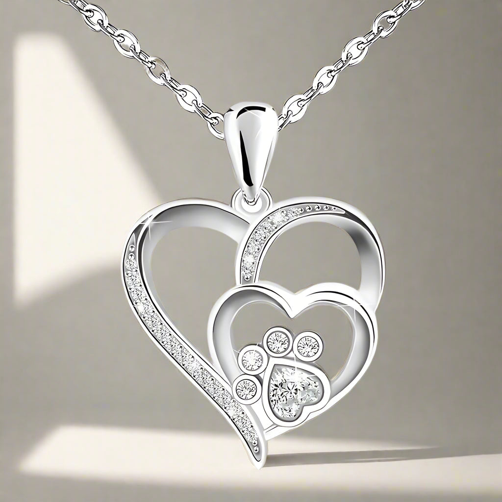 Silver Paw & Heart Necklace with Zirconia