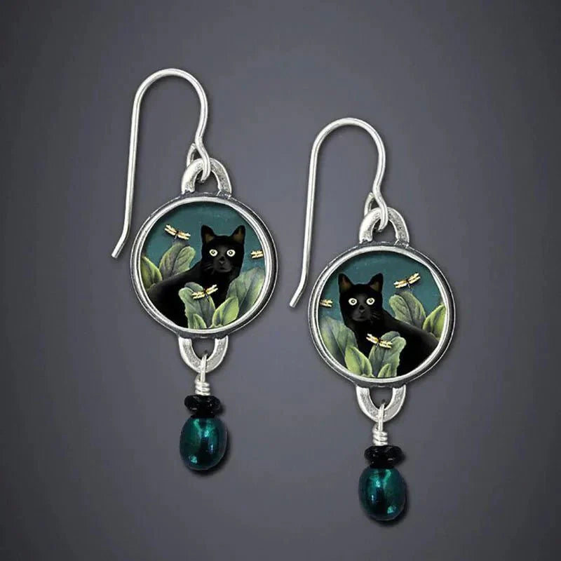 Vintage Black Cat Dangle Earrings
