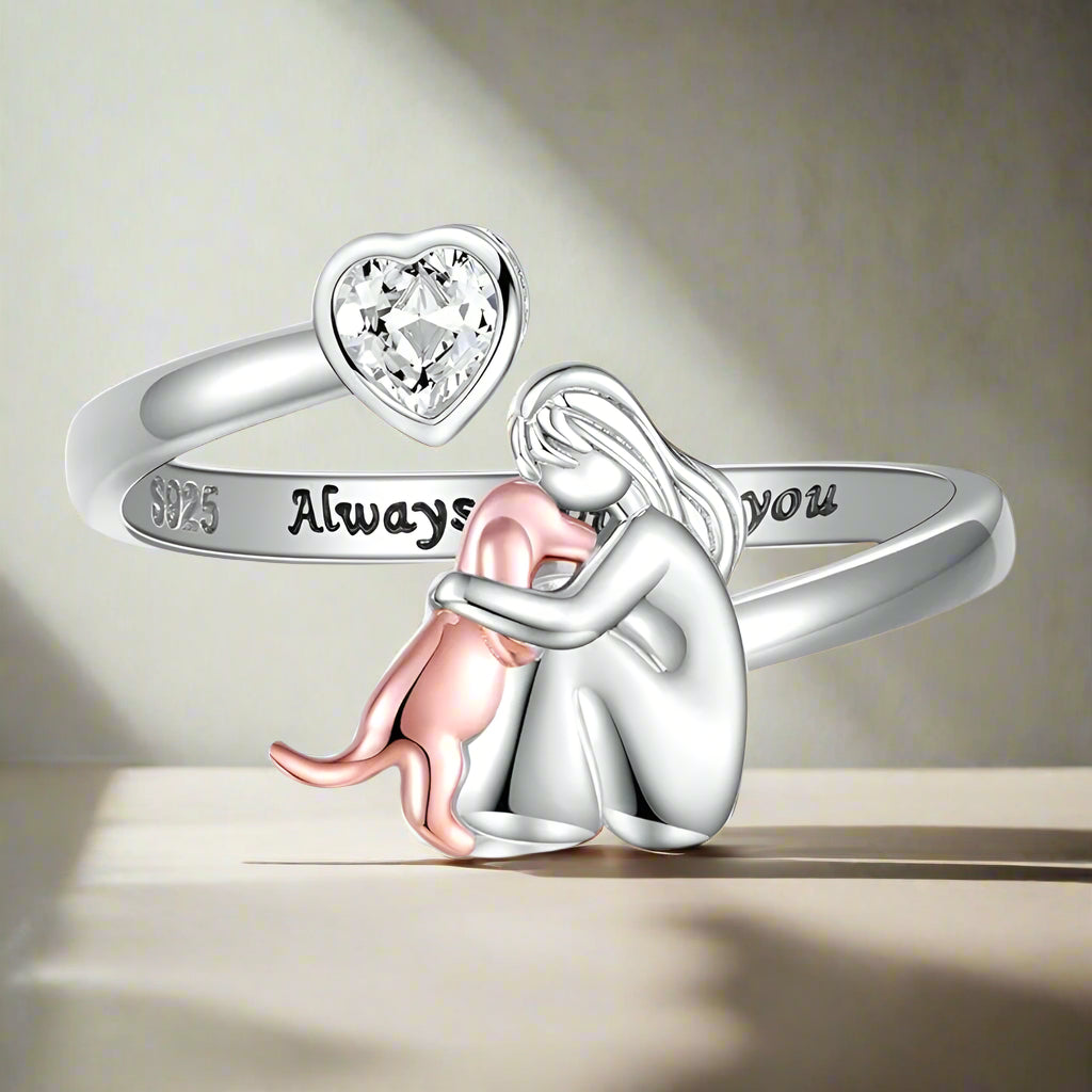 Adjustable Dog Ring in Silver “Always in My Heart” with Zirconia